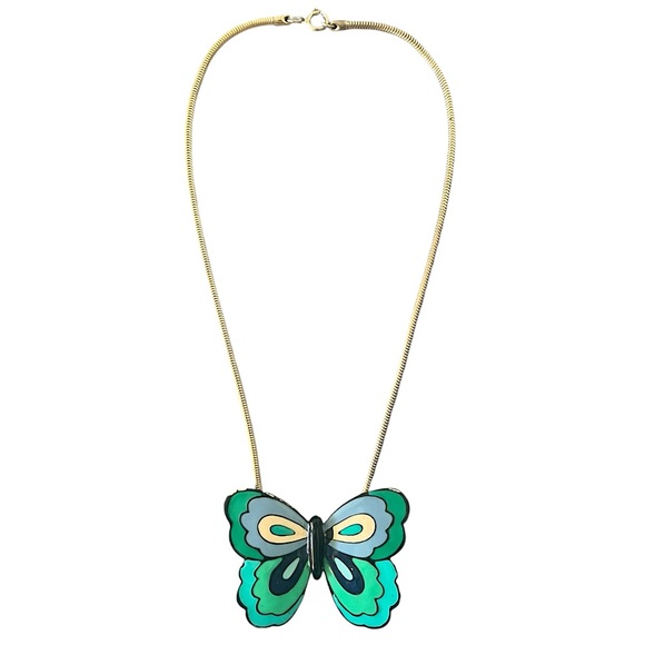 Eisenberg Jewelry - Eisenberg • Vintage Enamel Modernist Butterfly Pendant Necklace Gold Tone Green